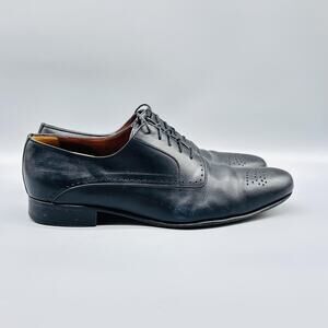 A Testoni Shoes Mens 9 Black Leather Oxford Cap Toe Brogue Slip On Dress